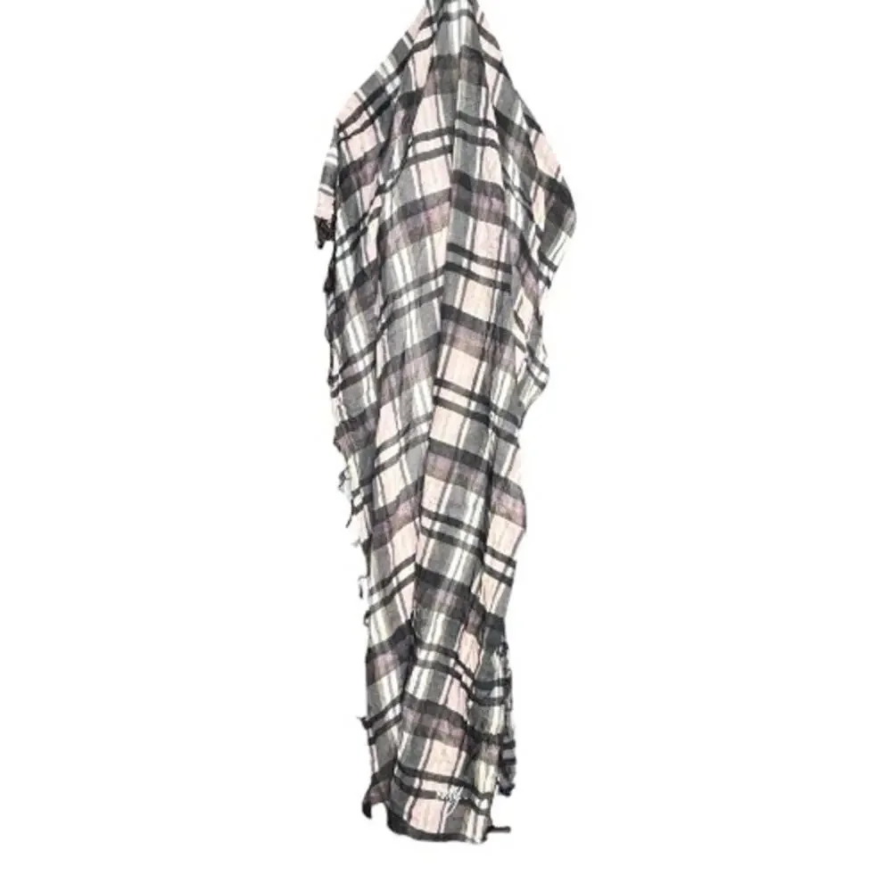 Roxy Neutral Plaid Lightweight Scarf Black Gray Cream Fringe Classic Accessory